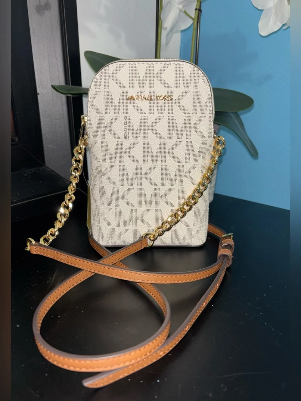 Michael Kors Cream MK Logo Crossbody with Tan Leather Strap & Gold Chain